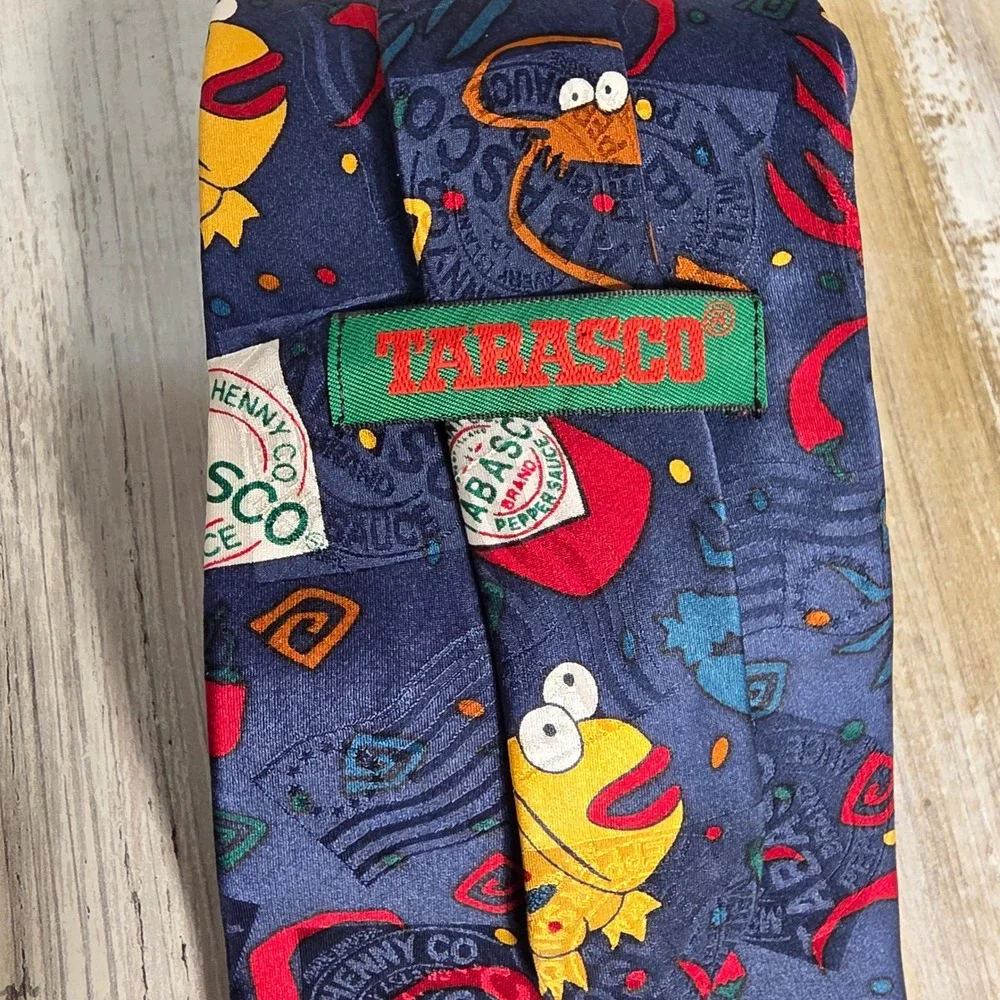 Tabasco Mens Silk Necktie Navy Blue Seafood Fish Shrimp Hot Sauce Novelty Tie